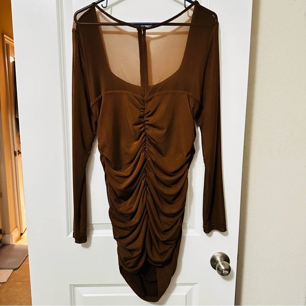 Brown Mesh Long Sleeve Ruched Bodycon Dress – Size XL
